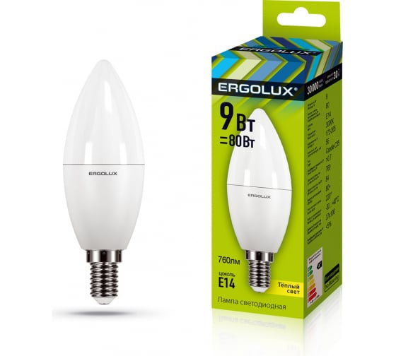 Ergolux LED-C35-9W-E14-3K (Эл.лампа светодиодная Свеча 9Вт E14 3000K 172-265В)			